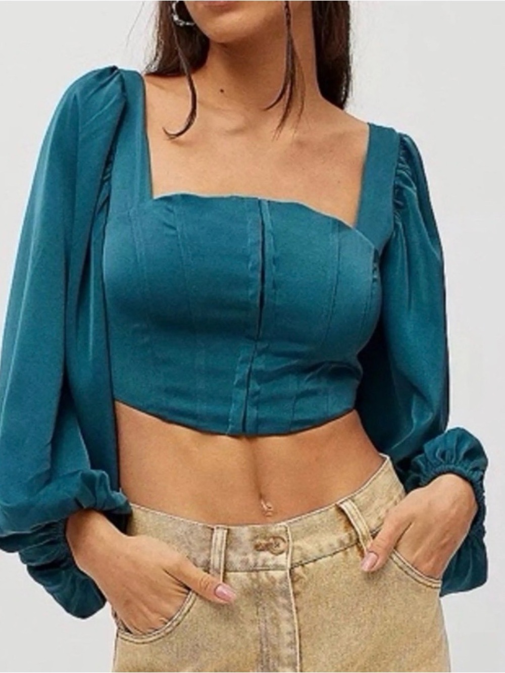 Urban Outfitters Teal Balloon Sleeve Cropped Top Size XS like new!